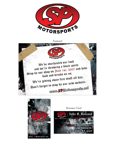 SP Motorsports postcard and business card samples