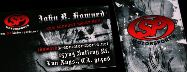 Close-up detail of the SP Motorsports business card